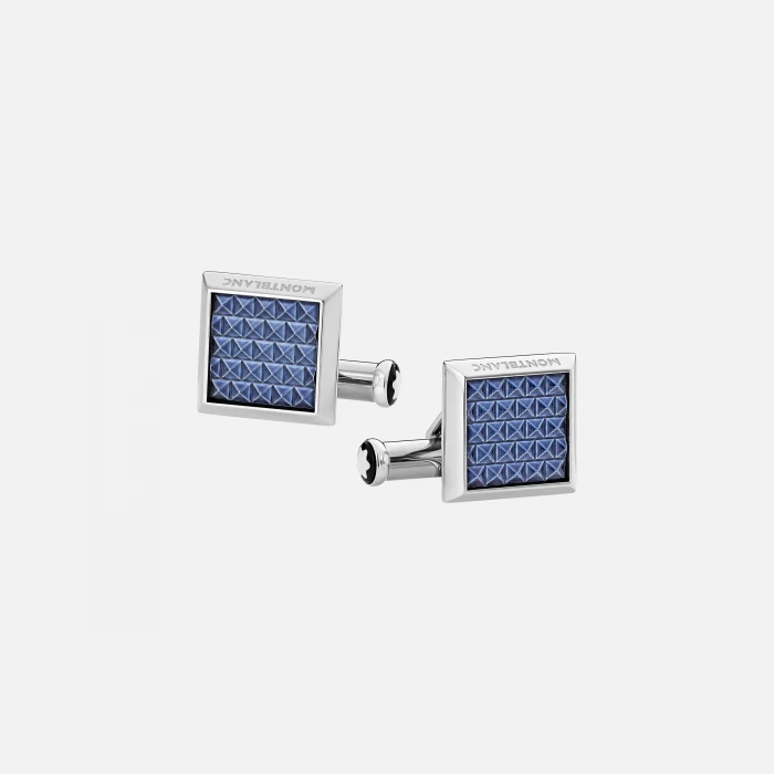 Rectangular cufflinks in fine steel with worked blue insert