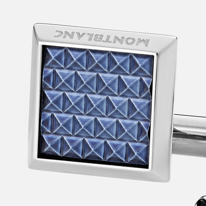 Rectangular cufflinks in fine steel with worked blue insert