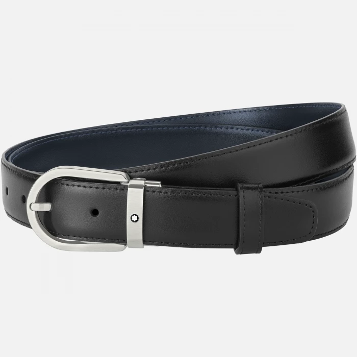 32mm Black/Blue Reversible Leather Belt with Horseshoe Buckle