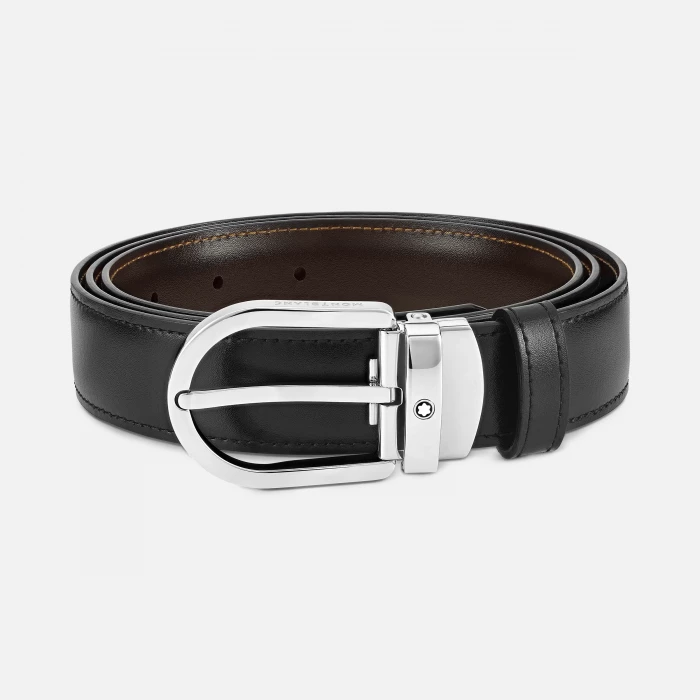 30mm Black/Brown Leather Reversible Belt with Horseshoe Buckle