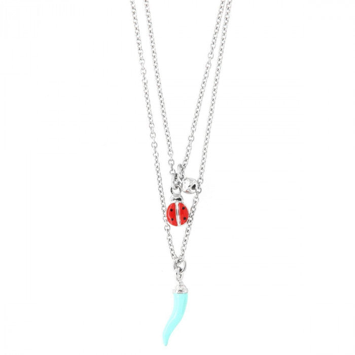 Double chain necklace horn and ladybug