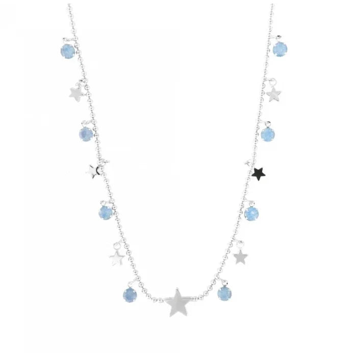 Rhodium-plated necklace with stars and celestial crystals