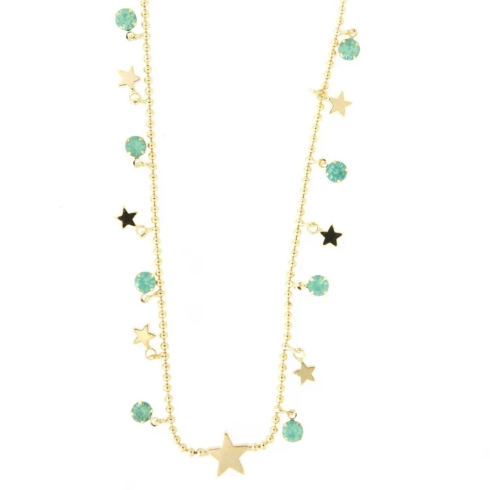 Gold plated necklace with stars and green crystals