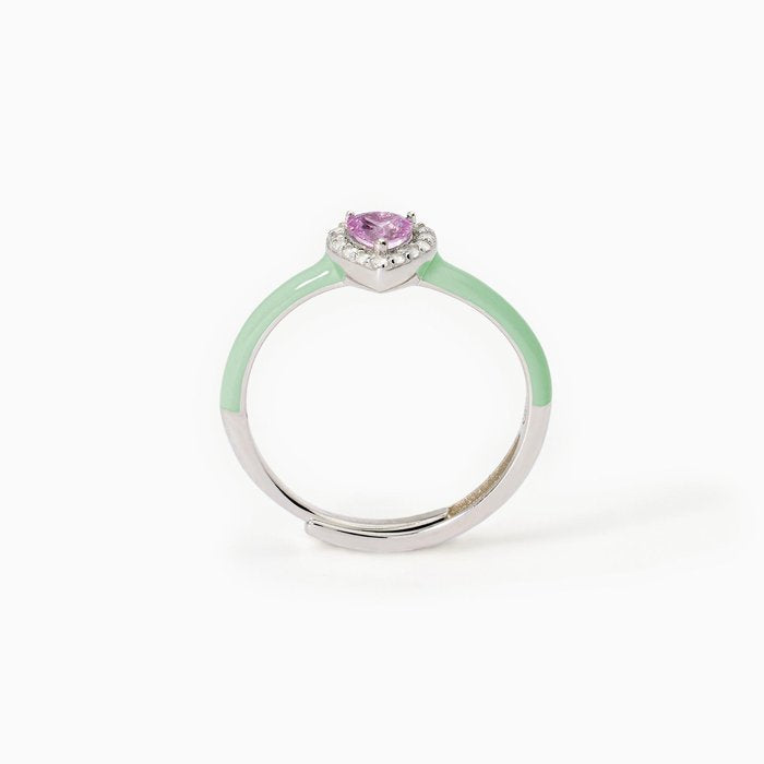 Silver ring with green enamel and pink heart LOVE AFFAIR
