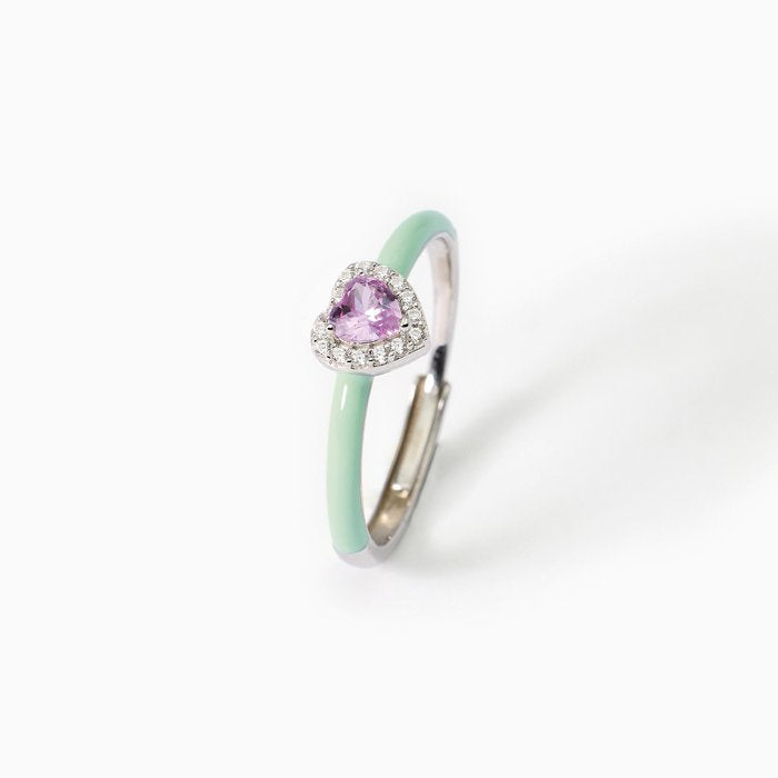 Silver ring with green enamel and pink heart LOVE AFFAIR