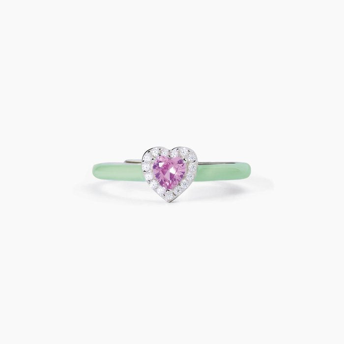 Silver ring with green enamel and pink heart LOVE AFFAIR