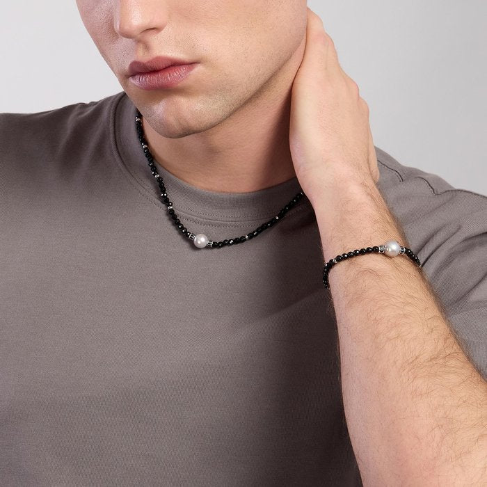 Collier en argent avec agate noire et perle grise SUNSET