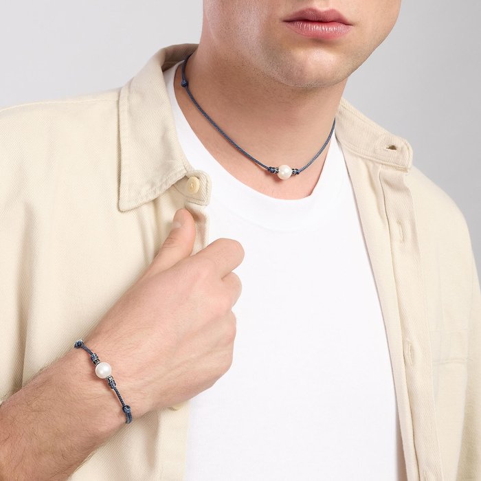 Collana in argento con cordino blu e perla bianca TROPICAL