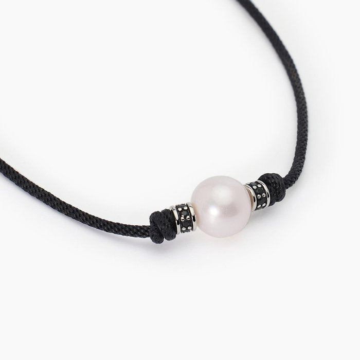 Collana in argento con cordino nero e perla bianca TROPICAL