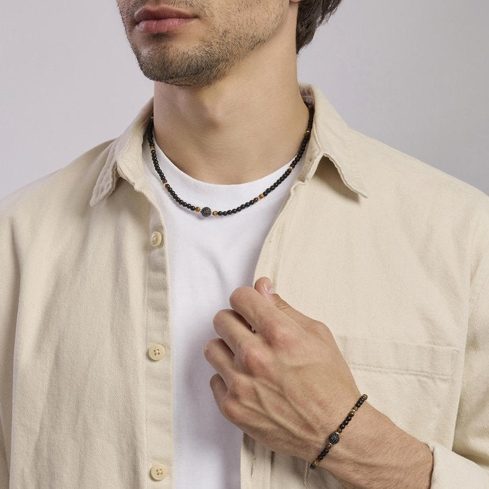 Collier en argent avec agate noire et œil de tigre style bohème