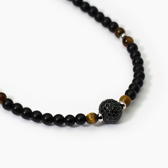 Collier en argent avec agate noire et œil de tigre style bohème