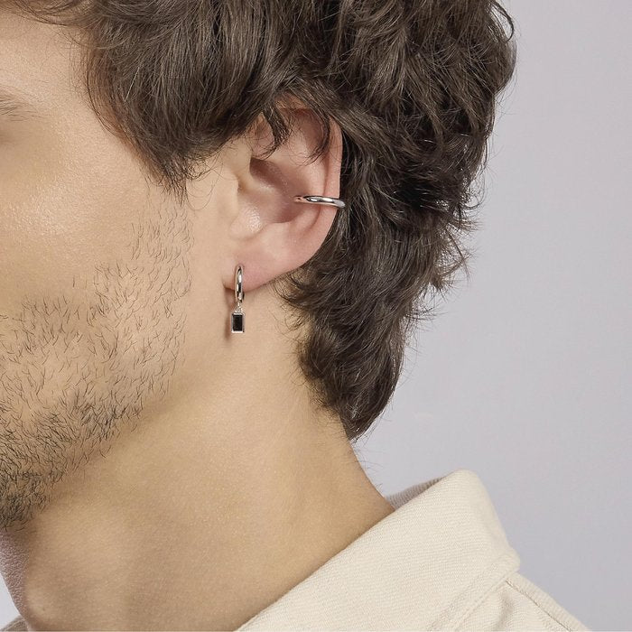 Silver hoop earring with black pendant MONOMANIA