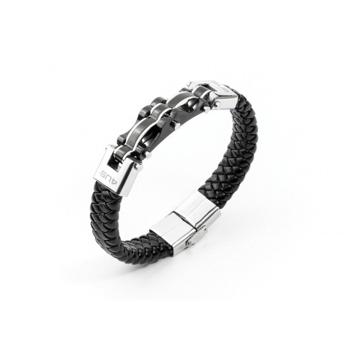 Bracciale in pelle e acciaio bicolore