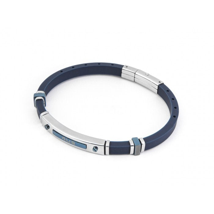 Bracciale caucciù blu con piastra centrale e inserti pvd blu