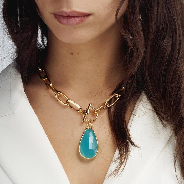 Gold plated bronze necklace with turquoise crystal