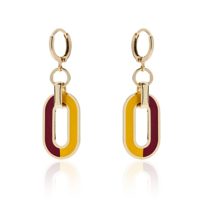 Gold plated bronze earrings with red and yellow enamel