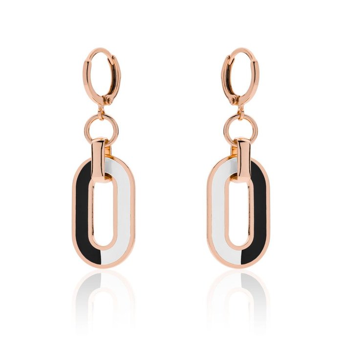 Pink Bronze Earrings Black and White Enamel