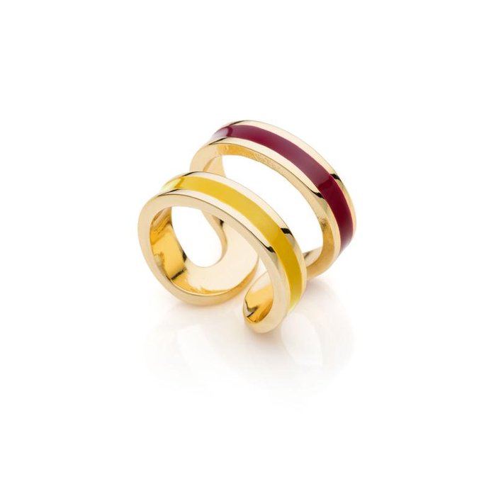 Golden ring with red and yellow enamel