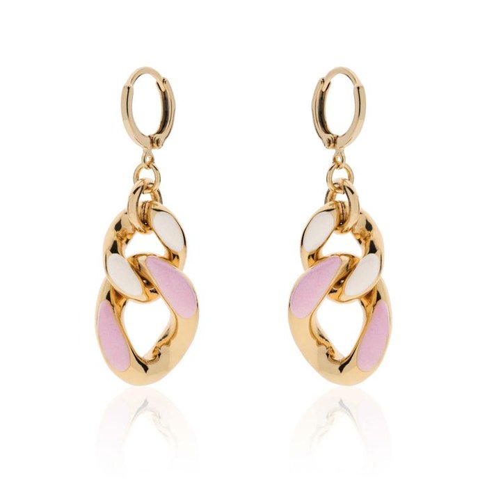 Gold plated bronze earrings with pink and white enamel