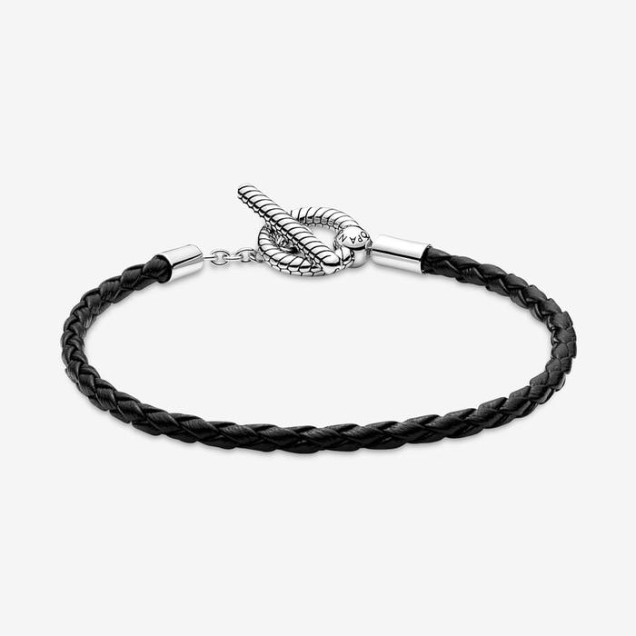 Bracciale in Pelle Nera con Chiusura a T