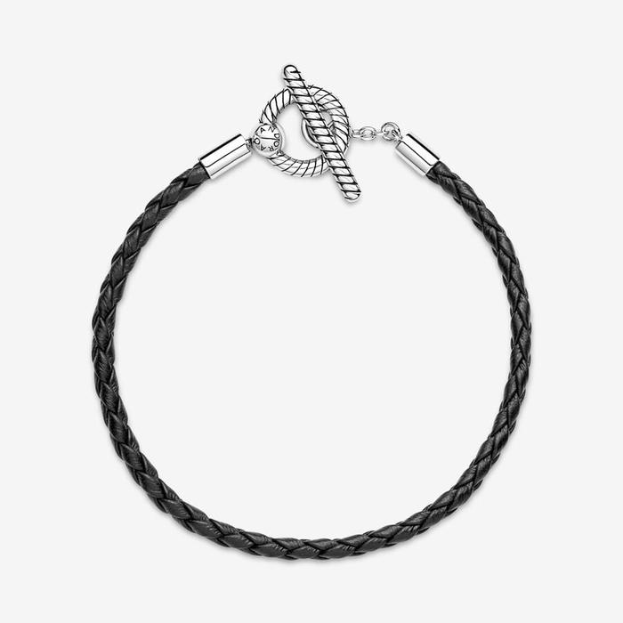 Bracciale in Pelle Nera con Chiusura a T