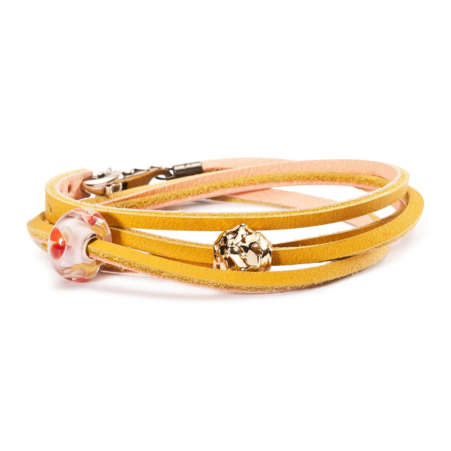 Bracciale/collana cuoio giallo/rosa 41cm
