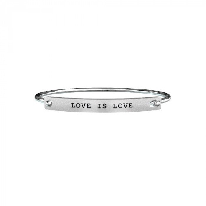 Rigid love bracelet with LOVE IS LOVE plaque