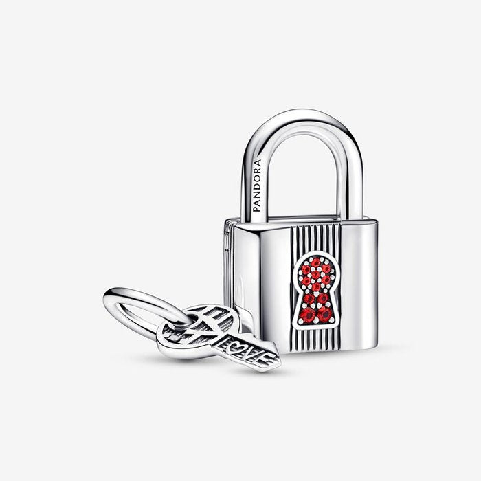 Love Lock and Key Pendant Charm with Red Stones