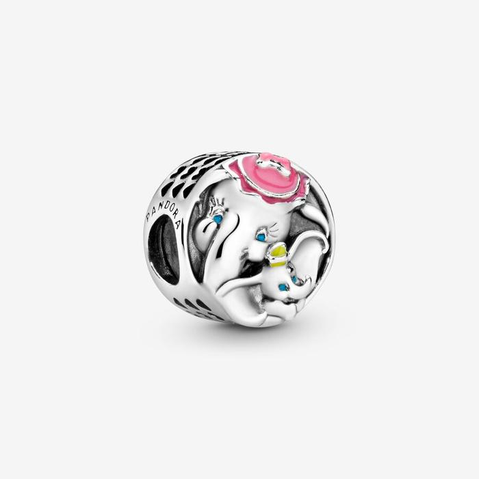 Breloque Disney Dumbo et Mme Jumbo en argent avec émail bleu, rose et jaune