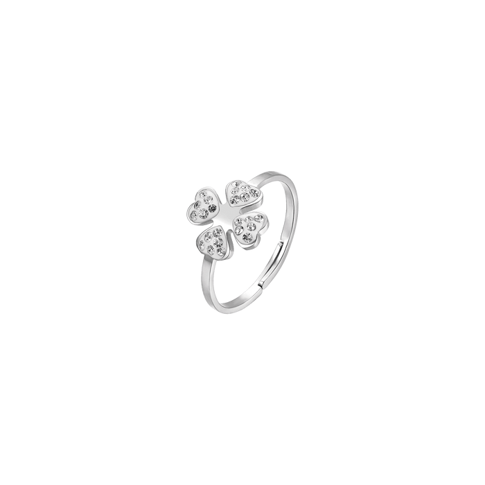 WOMEN'S STEEL RING WITH FOUR-LEAF CLOVER AND WHITE CRYSTALS SIZE: M