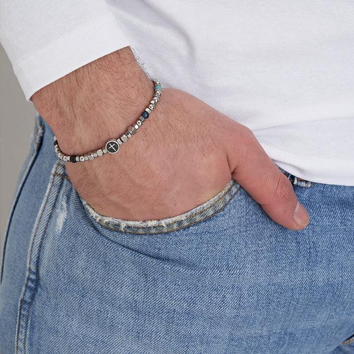 BRACCIALE UOMO IN ACCIAIO CON PIETRE COLORATE E CROCE