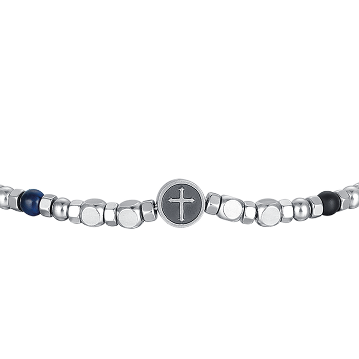BRACCIALE UOMO IN ACCIAIO CON PIETRE COLORATE E CROCE