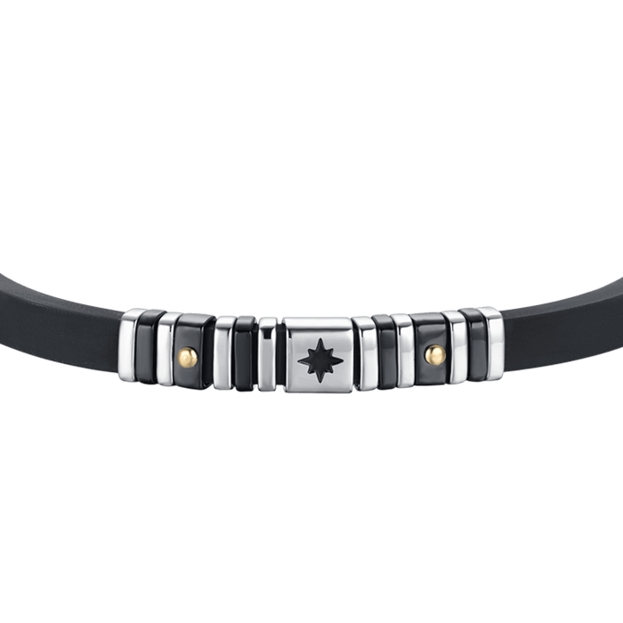 MEN'S BLACK SILICONE BRACELET WITH STEEL AND BLACK IP ELEMENTS AND WIND ROSE