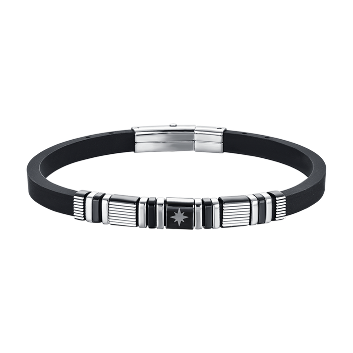 MEN'S BLACK SILICONE BRACELET WITH STEEL AND BLACK IP ELEMENTS AND WIND ROSE