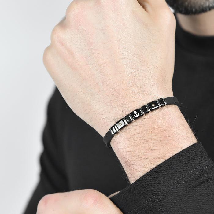 MEN'S BLACK SILICONE BRACELET WITH STEEL ELEMENTS, BLACK IP AND GOLD WITH ANCHOR