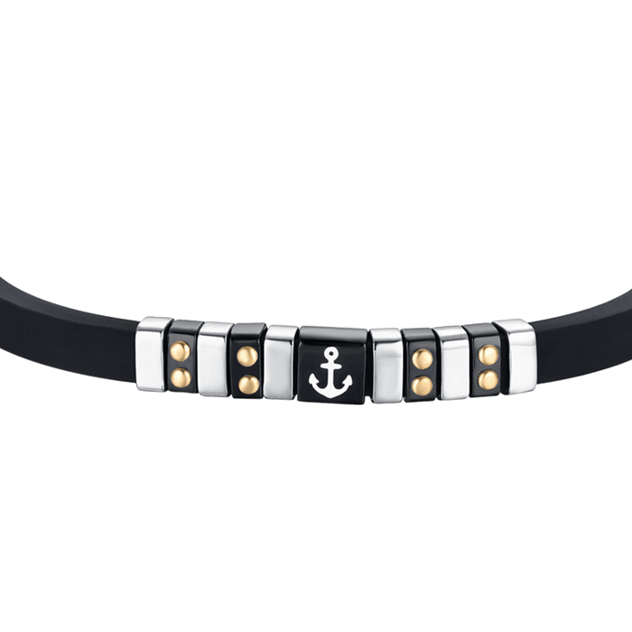 MEN'S BLACK SILICONE BRACELET WITH STEEL ELEMENTS, BLACK IP AND GOLD WITH ANCHOR