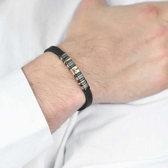 MEN'S BRACELET IN BLACK SILICONE WITH IP GOLD AND BLACK STEEL ELEMENTS WITH ANCHOR