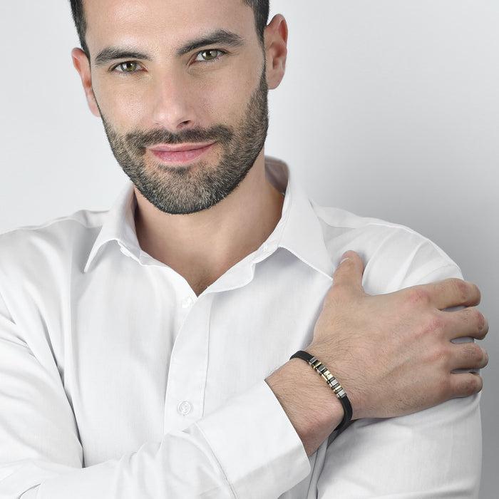 MEN'S BRACELET IN BLACK SILICONE WITH IP GOLD AND BLACK STEEL ELEMENTS WITH ANCHOR