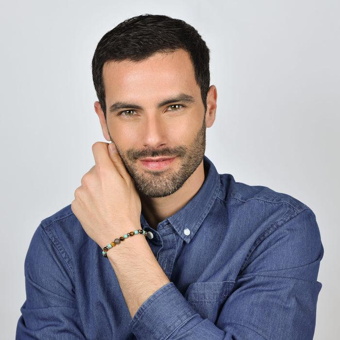 BRACCIALE UOMO ELASTICO CON PIETRE TURCHESI ED OCCHIO DI TIGRE ED ELEMENTI