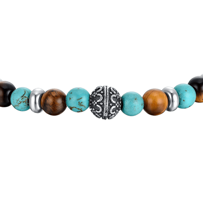 BRACCIALE UOMO ELASTICO CON PIETRE TURCHESI ED OCCHIO DI TIGRE ED ELEMENTI