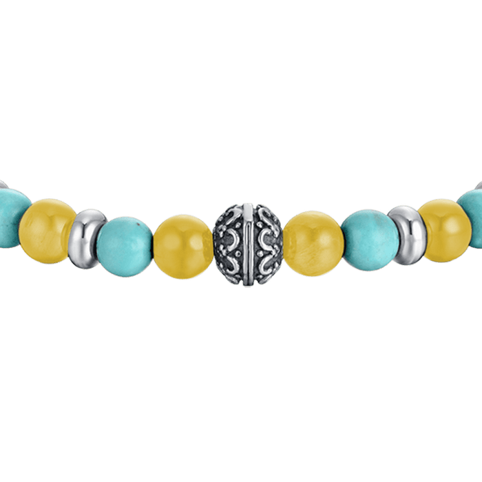 BRACCIALE UOMO ELASTICO CON PIETRE TURCHESI E GIALLE ED ELEMENTI IN ACCIAIO