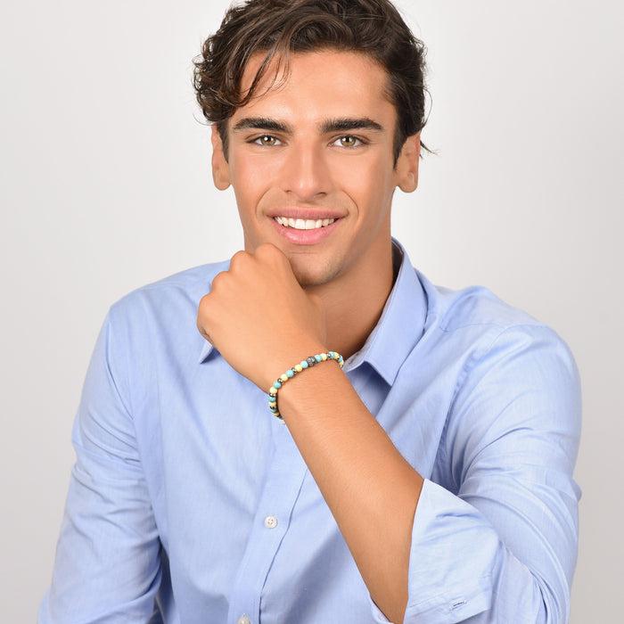 BRACCIALE UOMO ELASTICO CON PIETRE TURCHESI E GIALLE ED ELEMENTI IN ACCIAIO