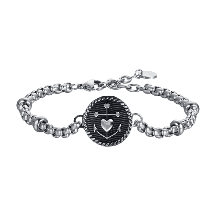 BRACCIALE UOMO IN ACCIAIO CON PIASTRA CON SMALTO NERO E ANCORA CON CUORE