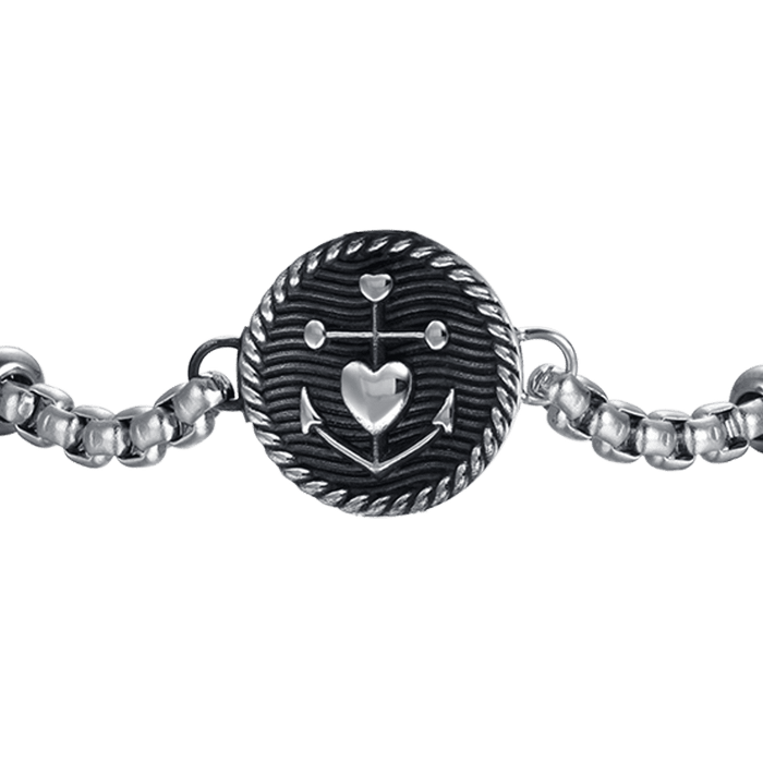 BRACCIALE UOMO IN ACCIAIO CON PIASTRA CON SMALTO NERO E ANCORA CON CUORE
