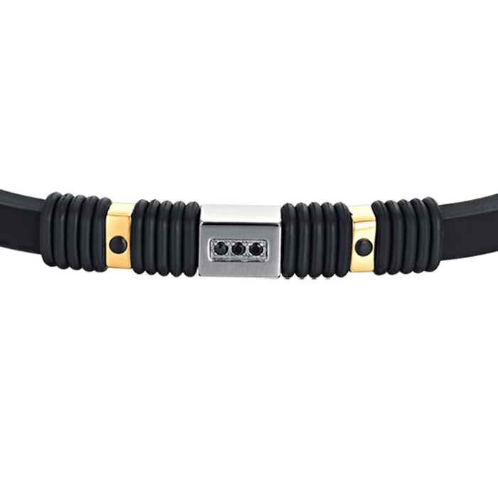 BRACCIALE UOMO IN SILICONE NERO CON ELEMENTI IN ACCIAIO IP NERO E IP GOLD