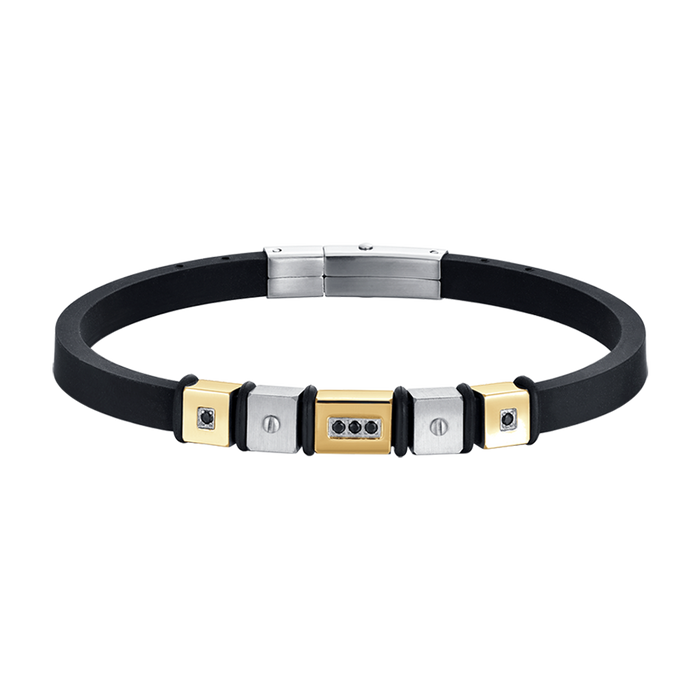 BRACCIALE UOMO IN SILICONE NERO CON ELEMENTI IN ACCIAIO E ACCIAIO IP GOLD
