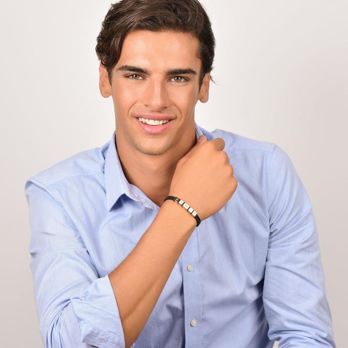 BRACCIALE UOMO IN SILICONE NERO CON ELEMENTI IN ACCIAIO E ACCIAIO IP GOLD