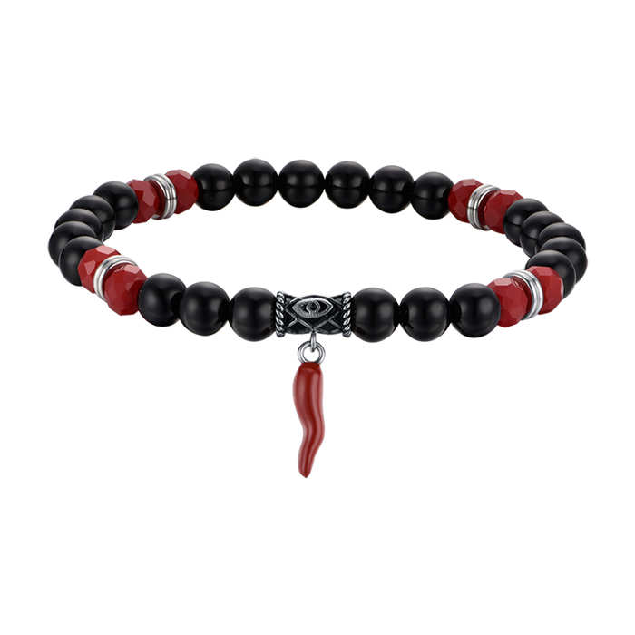 BRACCIALE UOMO ELASTICO CON PIETRE NERE E ROSSE E CORNO ROSSO