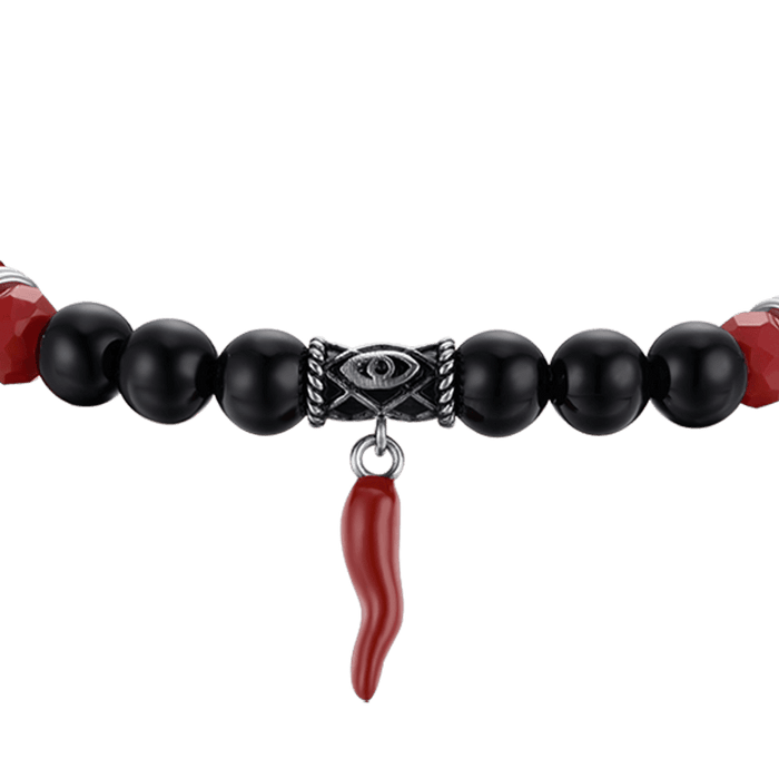 BRACCIALE UOMO ELASTICO CON PIETRE NERE E ROSSE E CORNO ROSSO