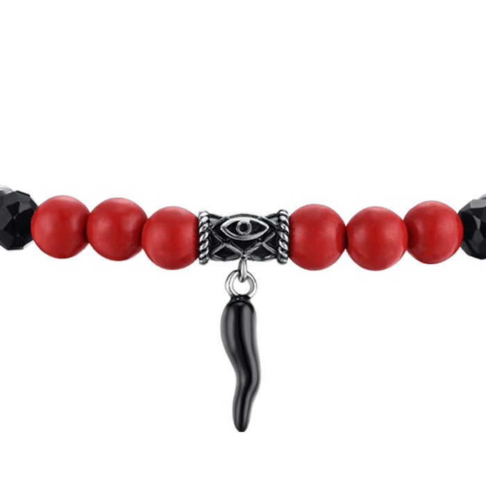 BRACCIALE UOMO ELASTICO CON PIETRE ROSSE E NERE E CORNO NERO